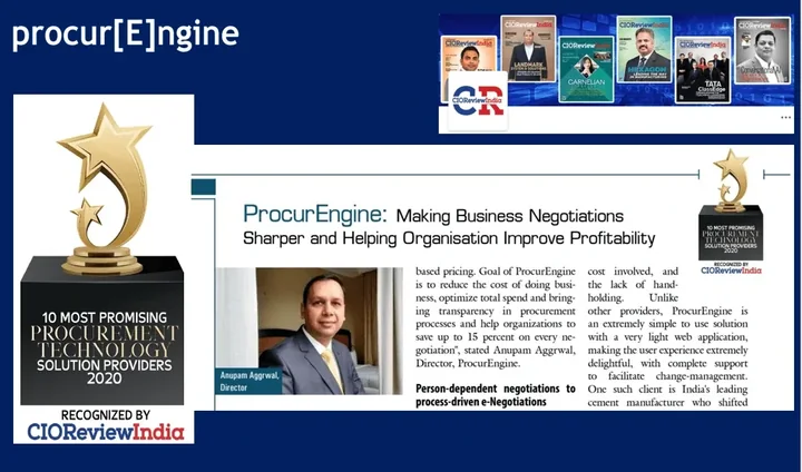CIO Review India award recognising procurEngine among the 10 Most Promising Procurement Technology Solution Providers 2020, shown with the magazine feature article