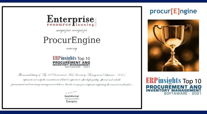 The ERP Insights certificate recognising procurEngine among the Top 10 Procurement and Inventory Management Software 2021