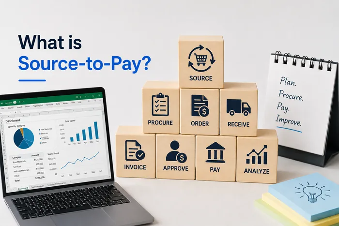 Wooden blocks labelled source, procure, order, receive, invoice, approve, pay and analyze stacked in a pyramid beside a laptop showing a spend dashboard and a desk calendar reading plan, procure, pay, improve.