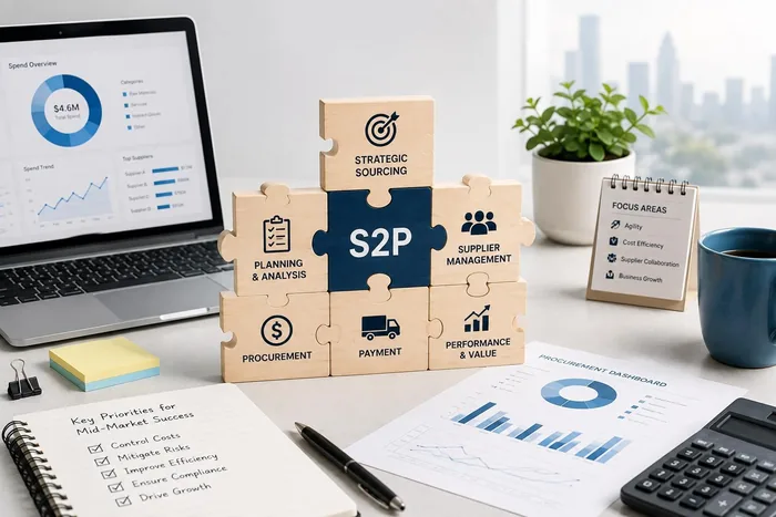 Wooden puzzle blocks labelled S2P, strategic sourcing, planning and analysis, supplier management, procurement, payment, and performance and value, stacked beside a laptop showing a spend-overview dashboard and a notebook listing key priorities for mid-market success.