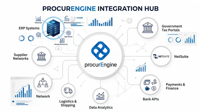 procurEngine Integration Hub: the platform connected to ERP systems, NetSuite, government tax portals, payment and banking APIs, logistics and supplier networks