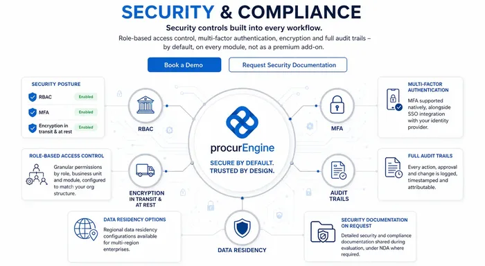 Security & Compliance: role-based access control, multi-factor authentication, encryption, audit trails and data residency controls built into every module