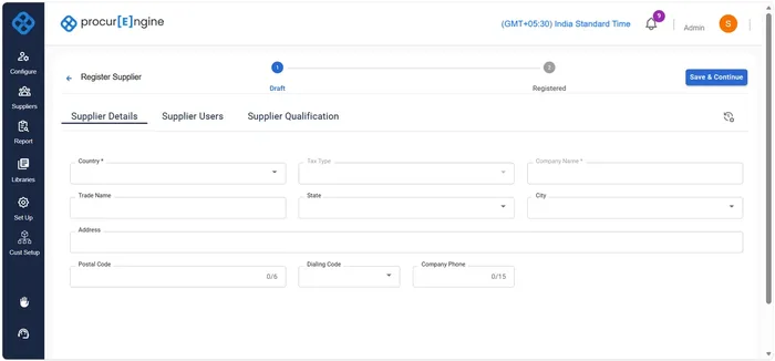 Supplier Onboarding: the Register Supplier screen with Draft-to-Registered progress and Supplier Details, Users and Qualification tabs