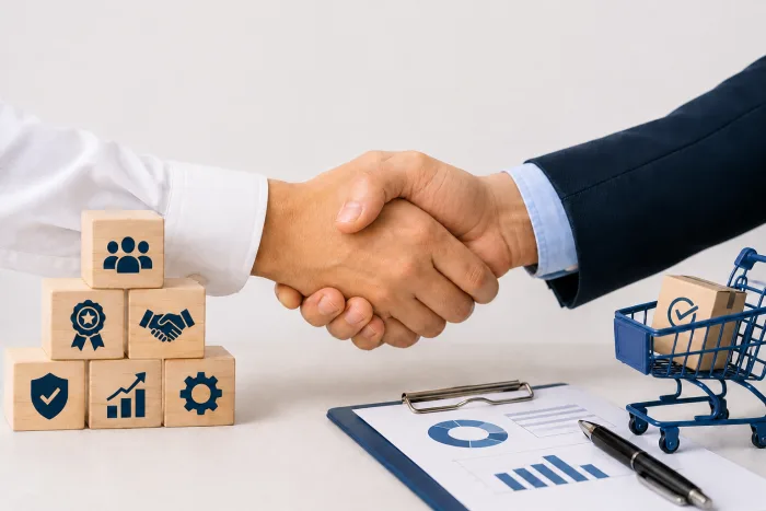 Two people shaking hands across a desk, beside a stack of wooden blocks carrying icons for people, an award, a handshake, a shield, a rising chart and a gear, with a clipboard of charts and a small shopping trolley alongside